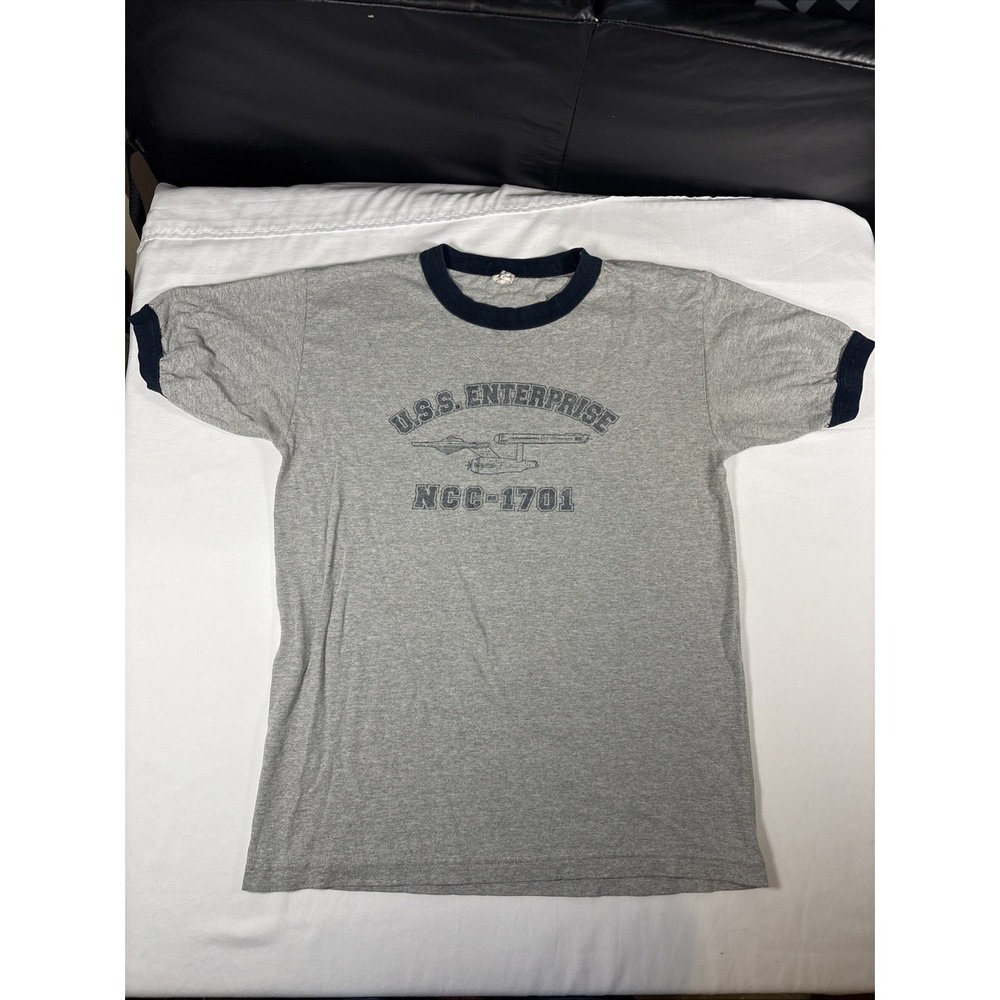 Vintage 80s Star Trek/USS Enterprise T-Shirt Size MHeather‎ Blue Ringer Tee